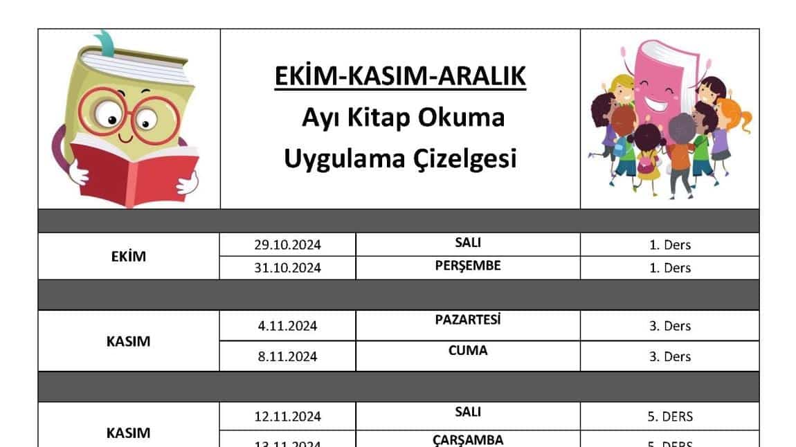 Ekim-Kasım-Aralık Ayı Kitap Okuma Çizelgesi